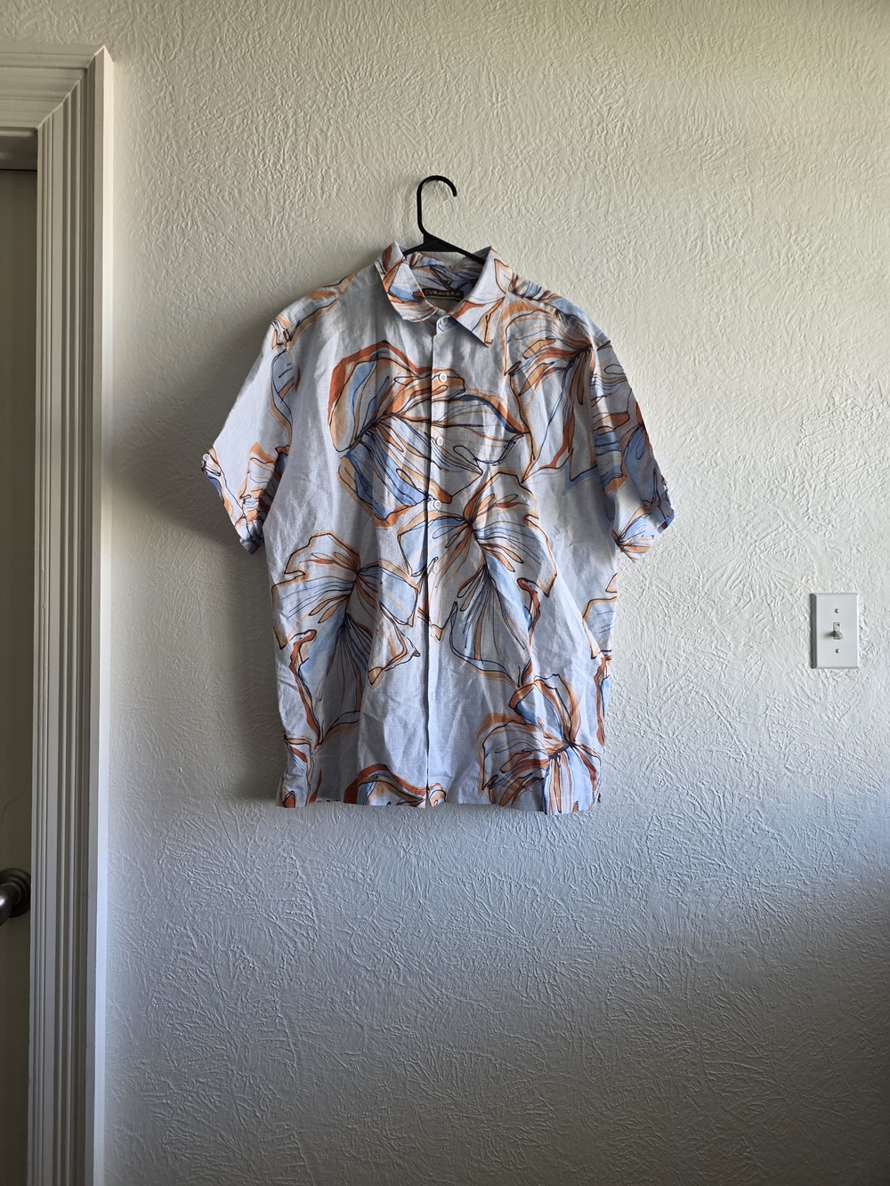 Cubavera Linen Blend Light Blue Short Sleeve Floral Print Shirt